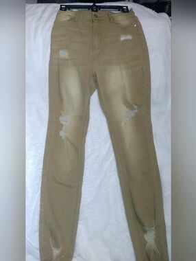 High-Rise Distressed Women’s Jeans in Khaki/Gold